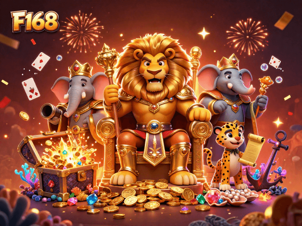 Engage with F168's vibrant casino realm featuring a lion king, elephant advisor, and cheetah messenger.