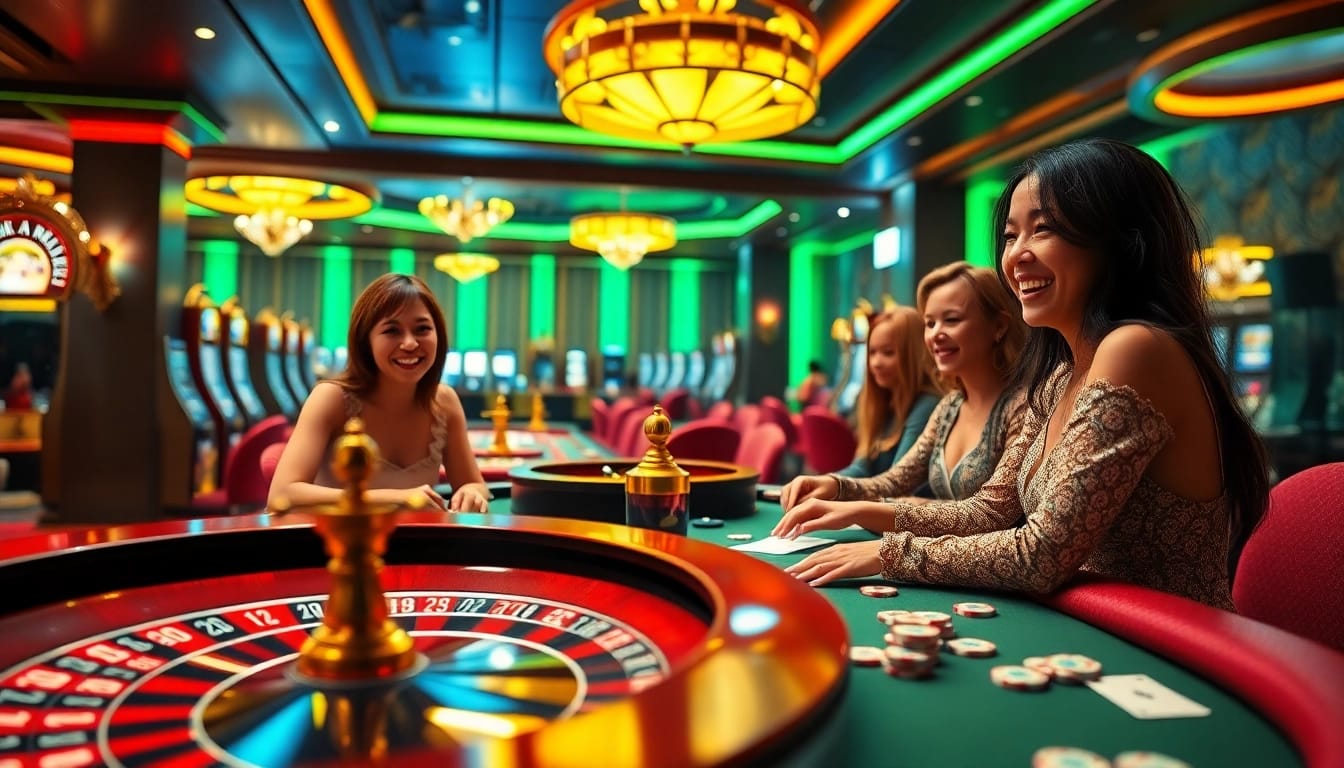 Dynamic casino scene featuring mb66 theme with roulette, poker, and slot machines.