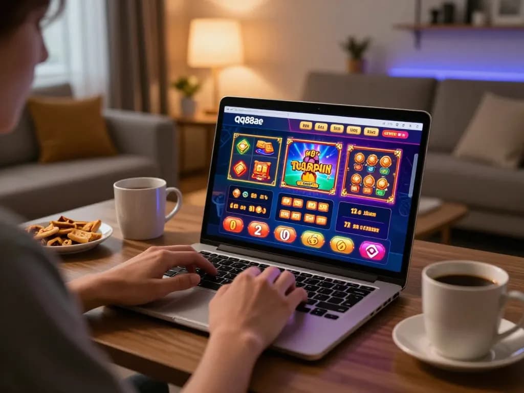 Engaging in qq88ae online gaming from home with a vibrant interface in a cozy setup.