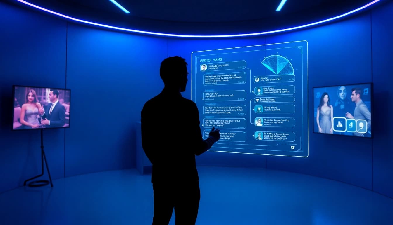 Engaging scene showcasing an user interacting with an nsfw ai chatbot in a futuristic digital environment.