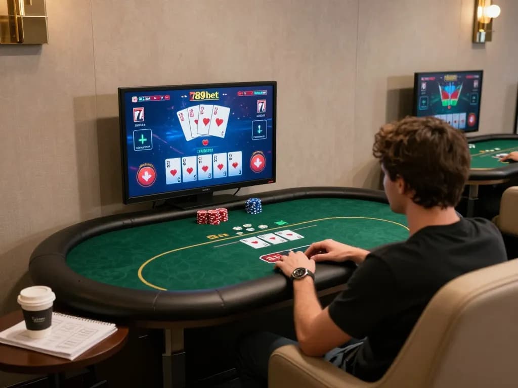 Player enjoying a poker game on 789bet, engaged in strategic gameplay in a cozy home environment