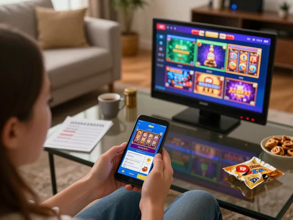User engaged in online gambling on the 99win casino app, showcasing strategy notes and a cozy home atmosphere