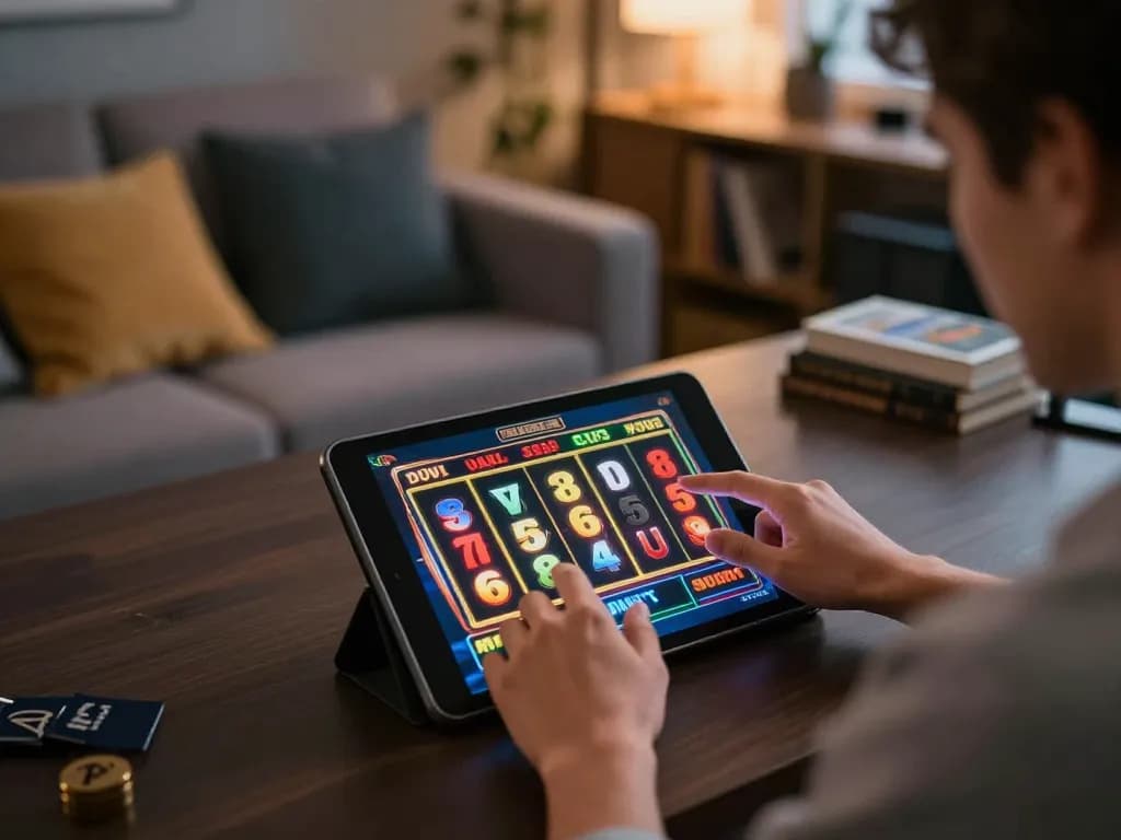 Players enjoying situs slot depo 10k online, focusing on spinning reels with excitement and strategy in a cozy home setting.