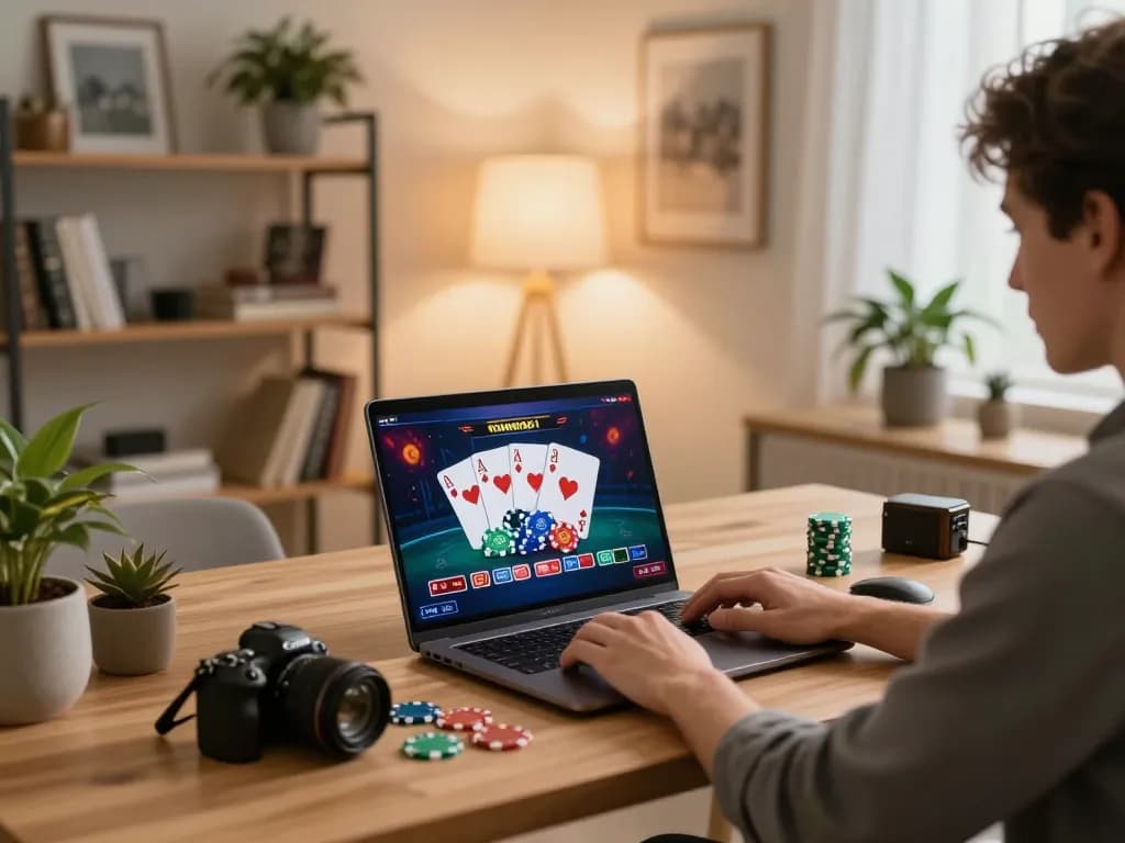 Engaged player strategizing with tr88it on laptop during an online casino session at home.