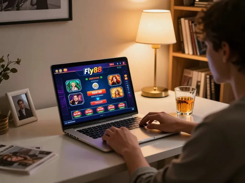 Player enjoying online gaming experience on Fly88 with cozy home setup