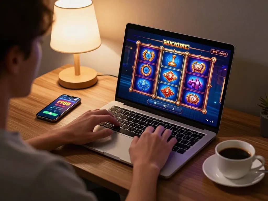 Player enjoying rr88 slots on laptop, creating a cozy online gaming atmosphere with coffee.