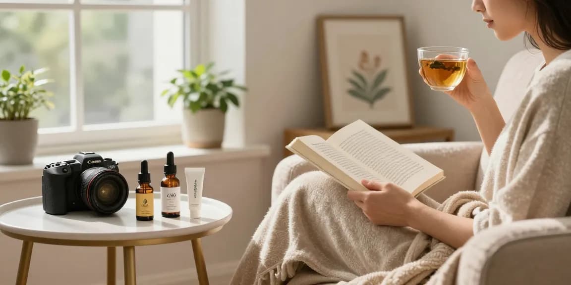 Buy CBD oil Canada in a cozy wellness corner with relaxing atmosphere, highlighting CBD products and peaceful reading.