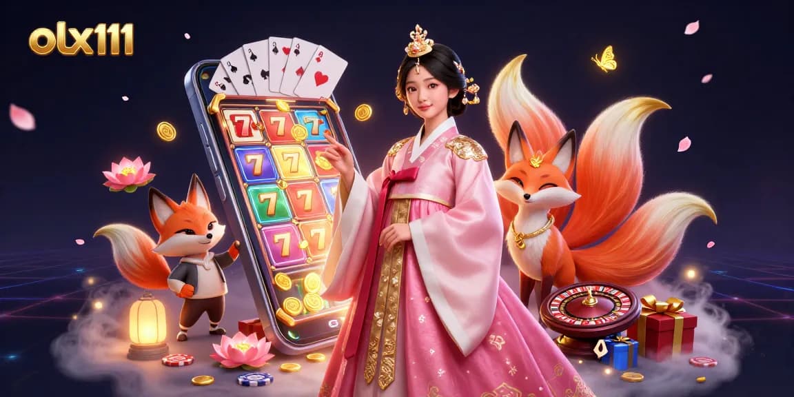 Experience the thrill of casino gaming with olx111, featuring vibrant slot reels and elegant characters.