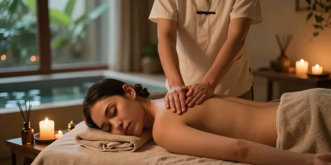 Swedish massage therapy session in a calming spa environment with soothing elements.