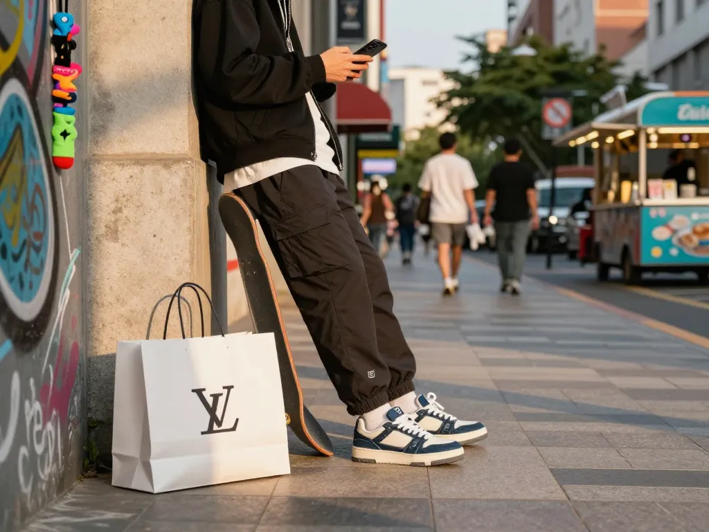 Stylish streetwear outfit featuring high-quality 레플리카 sneakers in an urban setting