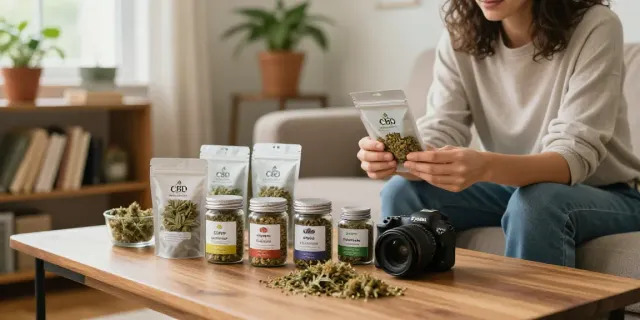CBD Blüten kaufen - Person prüft hochwertige CBD Blüten in gemütlicher Wohnatmosphäre