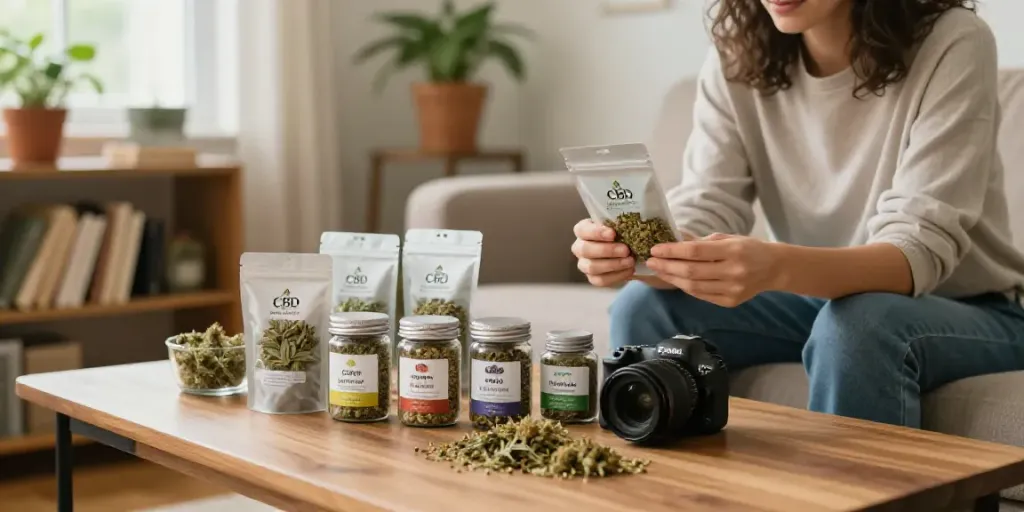 CBD Blüten kaufen - Person prüft hochwertige CBD Blüten in gemütlicher Wohnatmosphäre