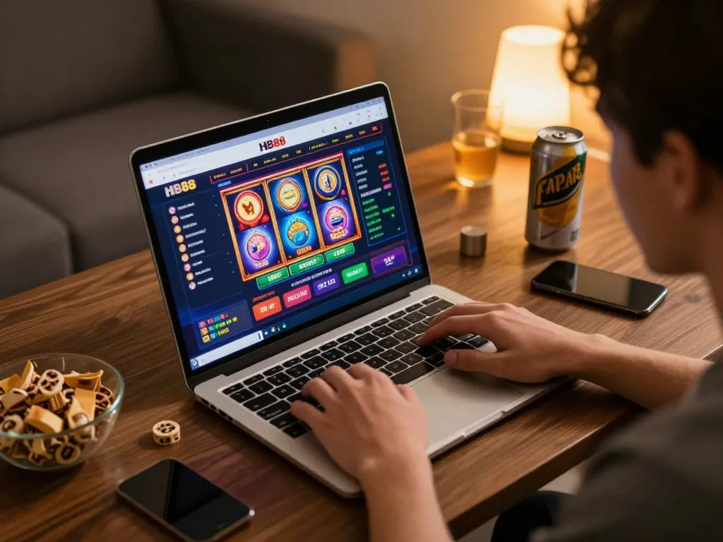 Player engaging in online casino gaming at HB88 with vibrant slot machine visuals on laptop screen