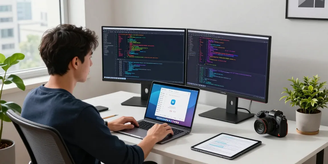 Developer using Telegram Web Version on laptop in a modern workspace with tech gadgets.