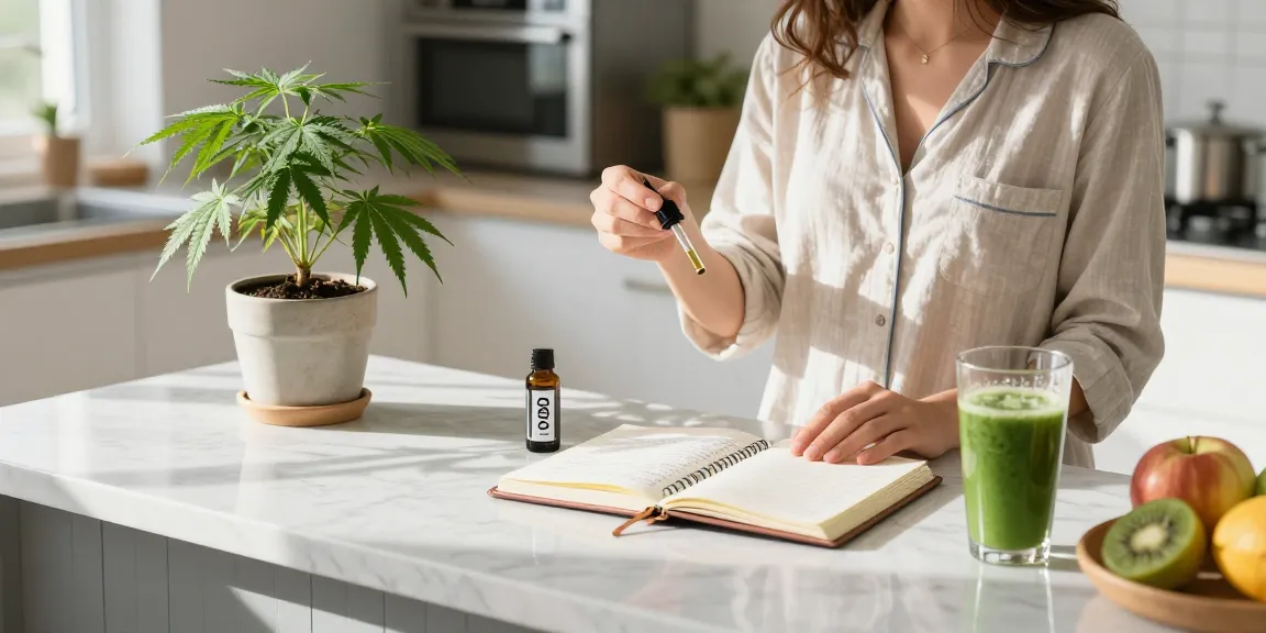 Das Bild zeigt eine Frau, die CBD-Öl verwendet, während sie in einer hellen Küche ist. Der Fokus liegt auf dem Kauf von Living Soil für gesunde Pflanzen.