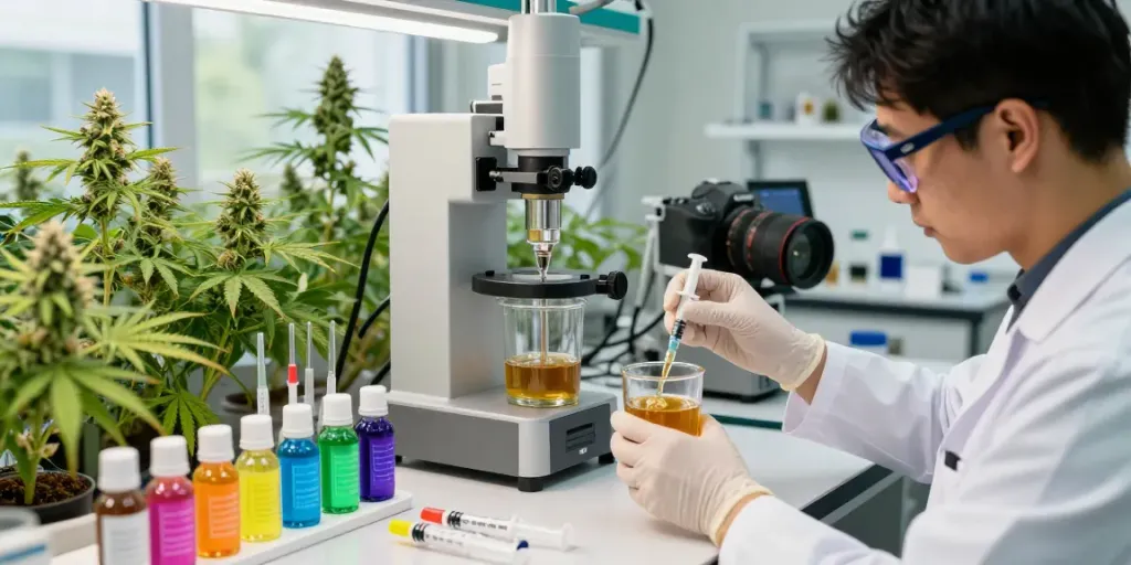 Technician handling high-quality honey badger extracts in a bright cannabis lab.