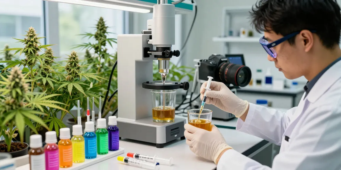 Technician handling high-quality honey badger extracts in a bright cannabis lab.