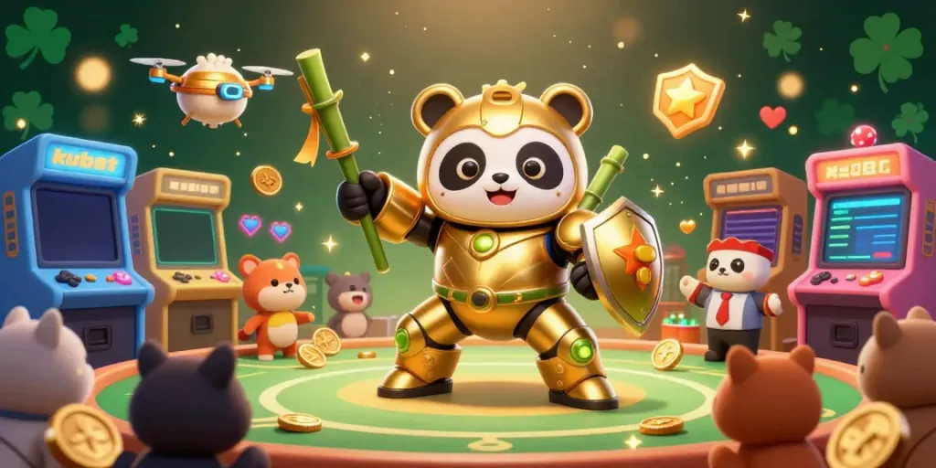 Experience thrilling gambling at kubet with a colorful 3D illustration of a panda in a mech-suit and arcade elements.