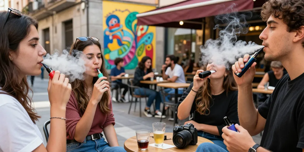 Friends using vapes in Spain's vibrant streets, showcasing stylish disposable vaping culture.