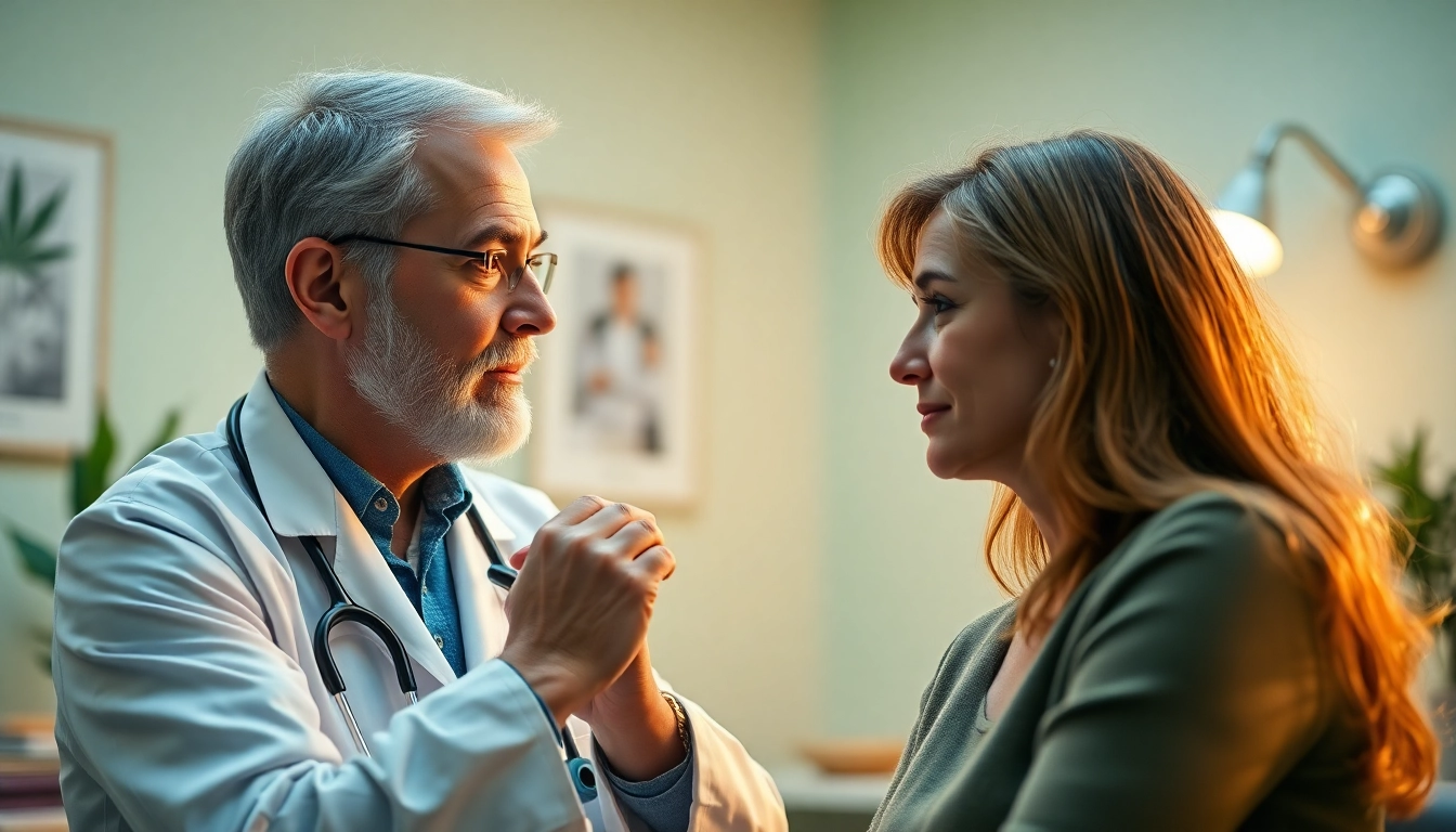 Patient discussing Texas MMJ card options with a medical professional in a warm clinic setting.