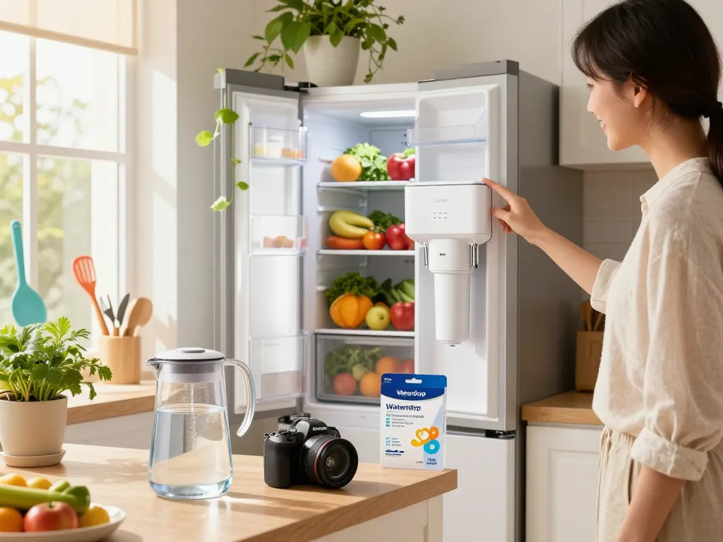 The Waterdrop LT1000PC ADQ747935 MDJ64844601 Refrigerator Water Filter displayed in a modern kitchen with fresh produce and a bright atmosphere.