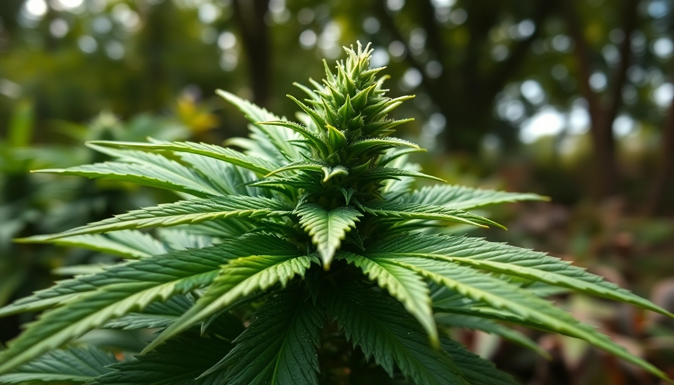 Learn how to get weed in uk with a close-up view of a budding cannabis plant in a serene garden.