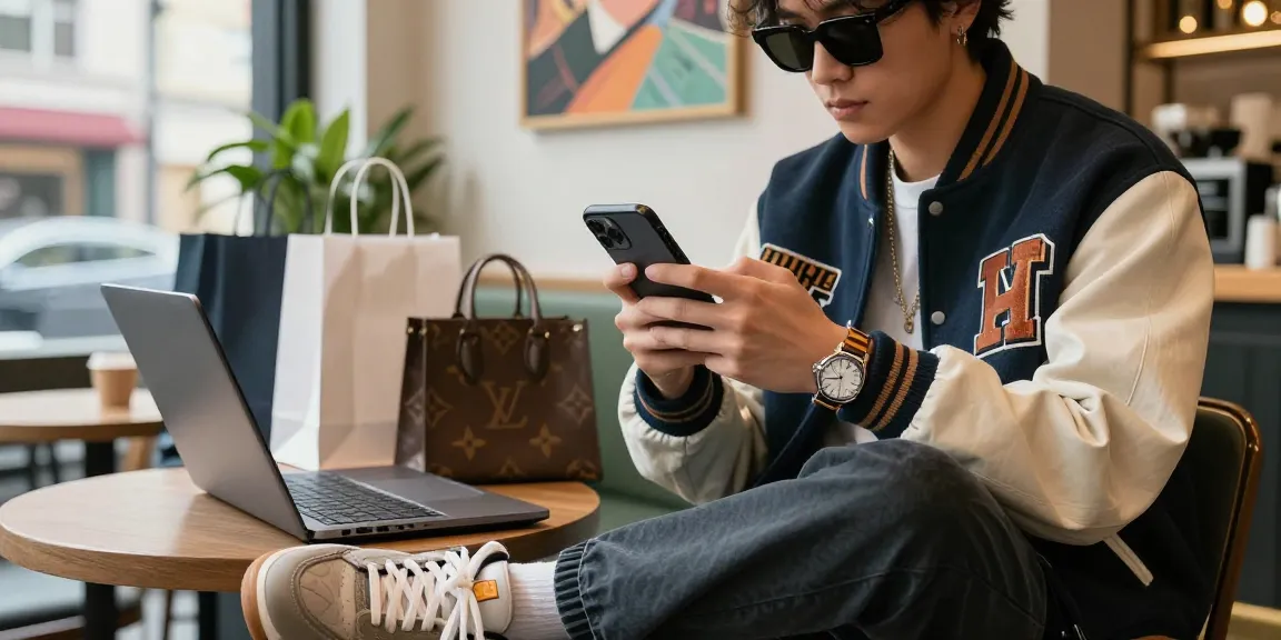 Chic urban scene featuring a stylish person browsing 레플리카 fashion products on a smartphone in a trendy café environment.