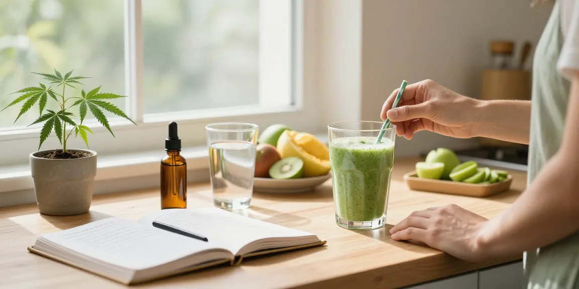 Reviews for hempworx CBD oil in a bright kitchen setting, with CBD oil, fresh fruits, and wellness journal.