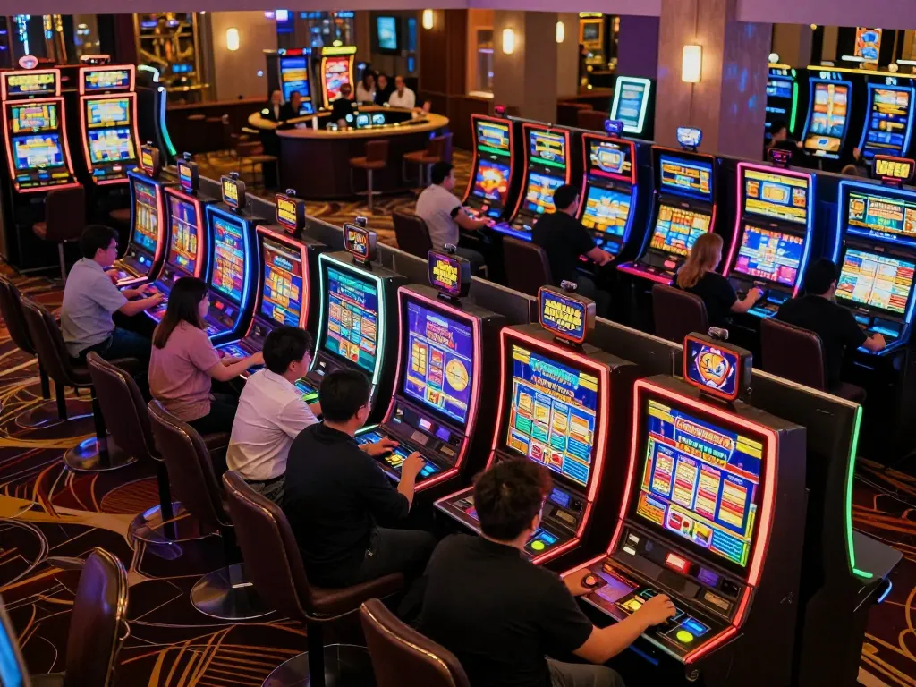 Players engaging with vivid slot machines in a lively casino setting showcasing situs slot gacor excitement