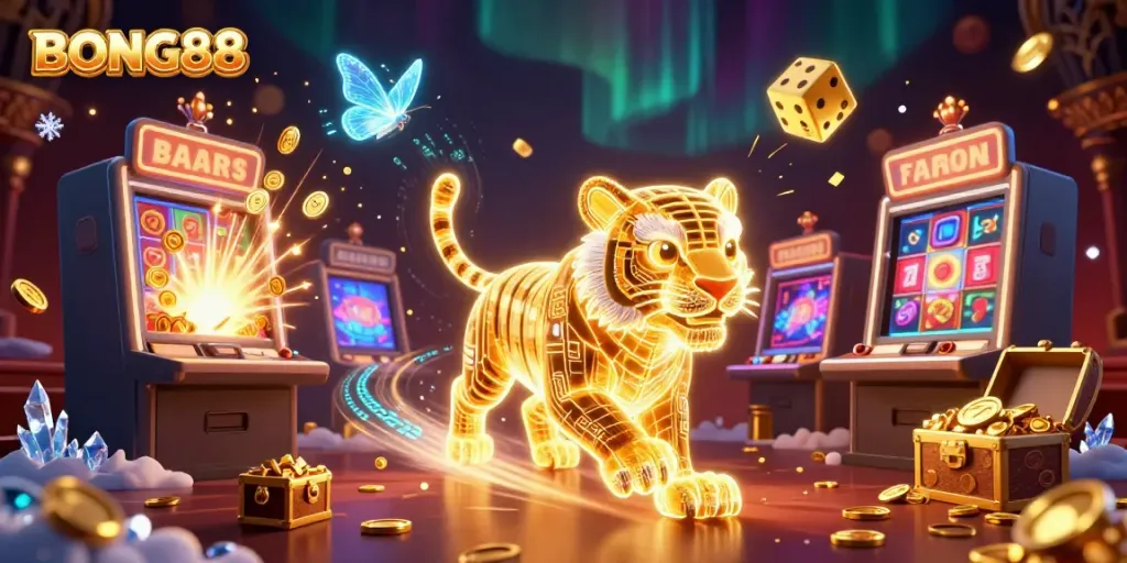 Experience wins at BONG88 in a vibrant, neon-lit digital casino world filled with jackpots.
