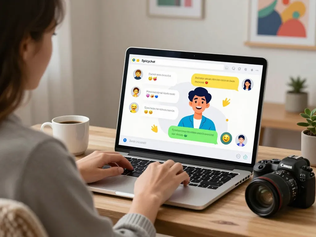 Engaging in a spicychat conversation with a friendly AI companion in a cozy virtual setting.