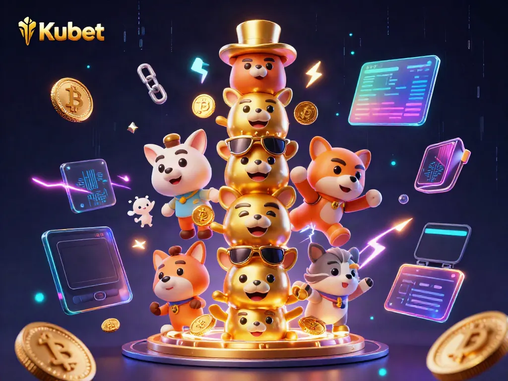 Kubet showcases exciting gameplay with a dynamic 3D cartoon totem pole and crypto coins.