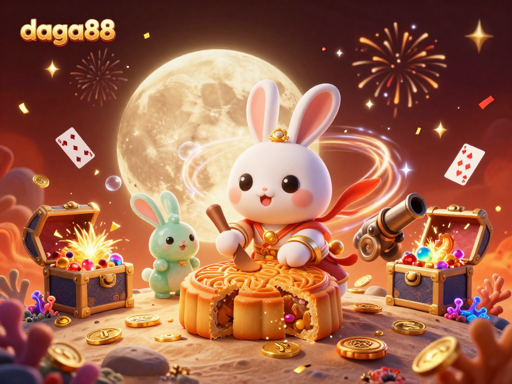 Experience lively gambling action with daga88 as the moon rabbit interacts with poker chips and golden coins.