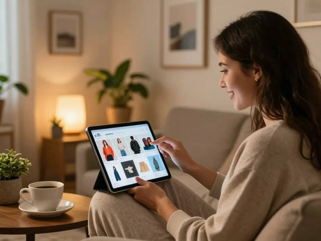 Woman using https://hubet88.icu/ to shop online in cozy home setup