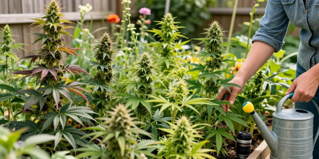 Exploring popular UK weed strains in a vibrant cannabis garden.