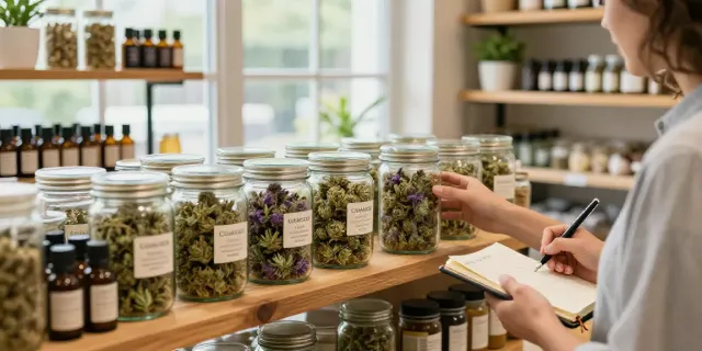 CBD Blüten kaufen in a cozy herbal shop with vibrant flowers and natural products