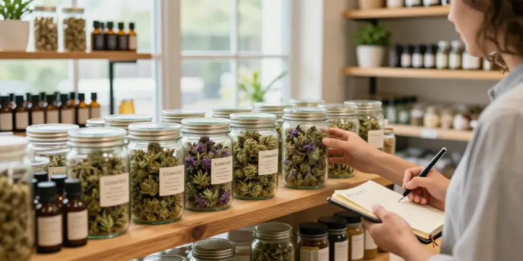 CBD Blüten kaufen in a cozy herbal shop with vibrant flowers and natural products