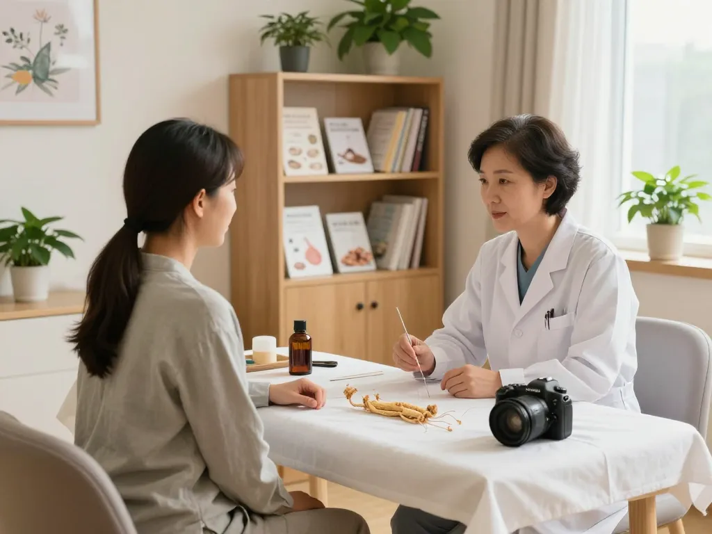 Consultation at 수원한의원 with a traditional medicine expert in a serene clinic.