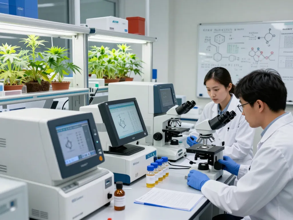 Researchers examining cannabinoid compounds in a leading EU cannabinoid manufacturer lab setting.