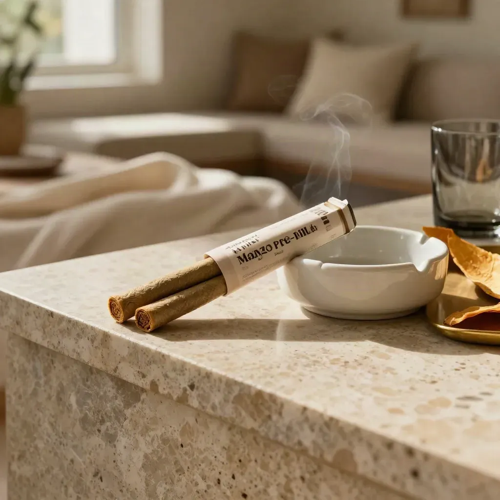 Mango mini pre-rolls, citrus peel, and ash dish on travertine in warm haze.