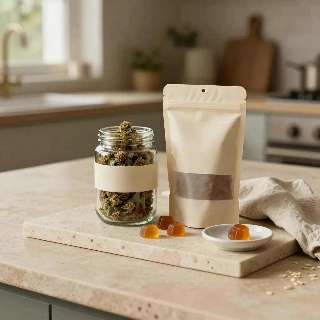 Unbranded cannabis flower jar, gummy pouch, loose gummies and stone slab on a cream travertine surface.