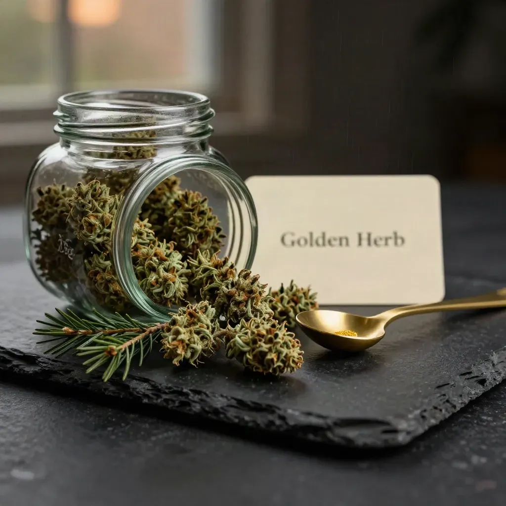 Golden Herb Cannabis jar of flower with buds, pine sprig and scoop on dark stone.