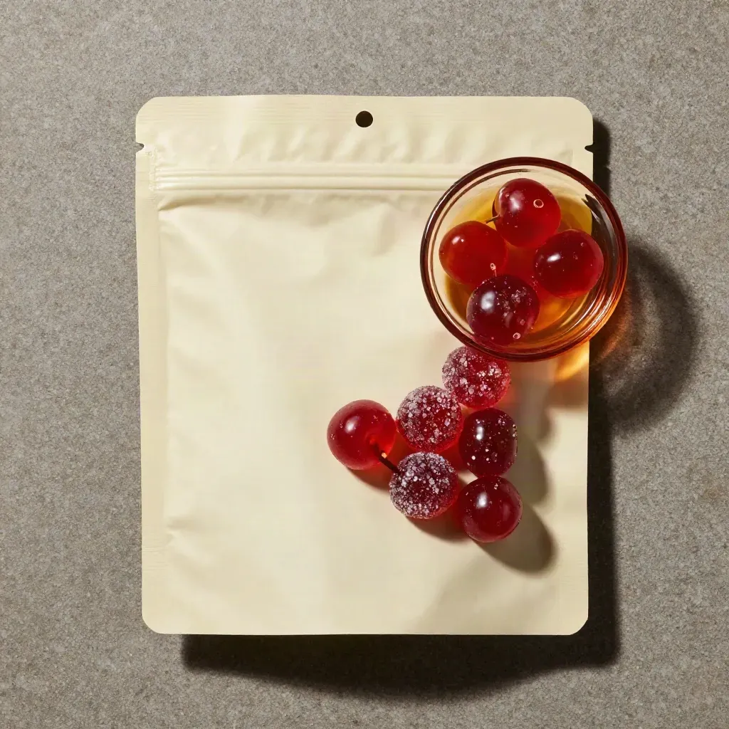 Overhead flatlay of cherry gummies, sugar crystals, and an amber bowl on stone.