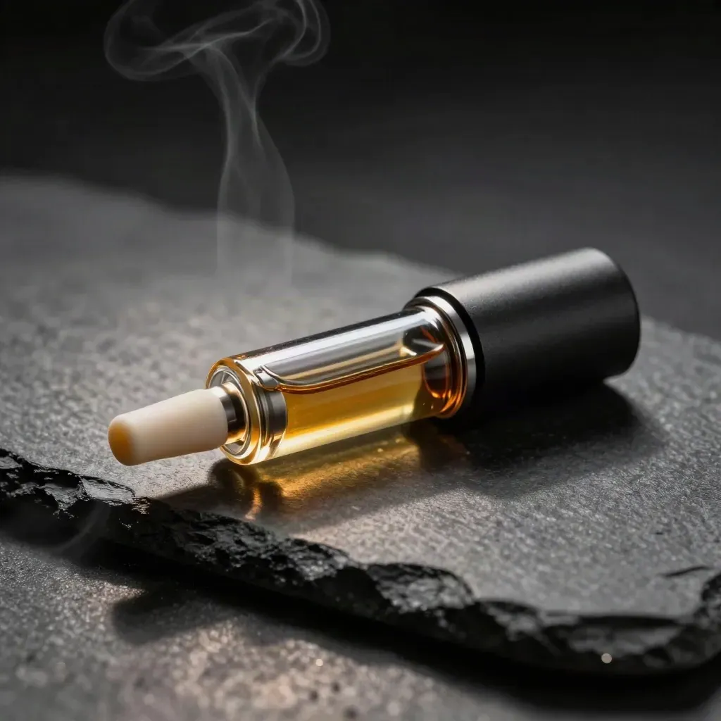 Gelato vape cartridge and matte battery on graphite, lit in a dramatic macro.
