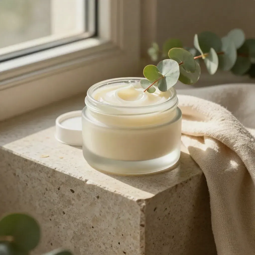 Open CBD balm jar with scoop mark, eucalyptus leaf and linen on travertine