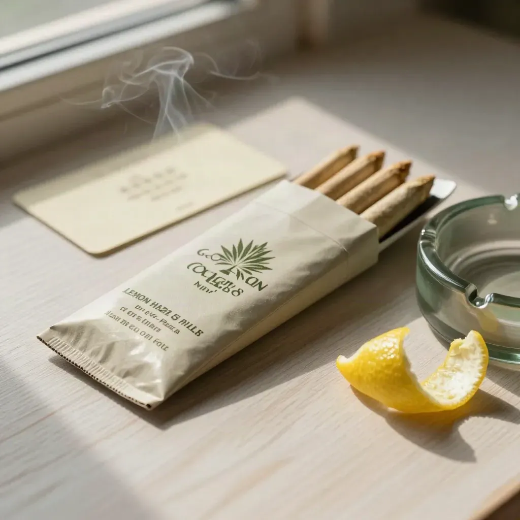 Unmarked lemon pre-roll sleeve, lemon peel, ash dish on pale wood with soft smoke.