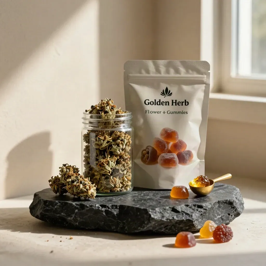 Flower jar, gummy pouch, buds and gummies stacked on a dark stone plinth with gold accents.