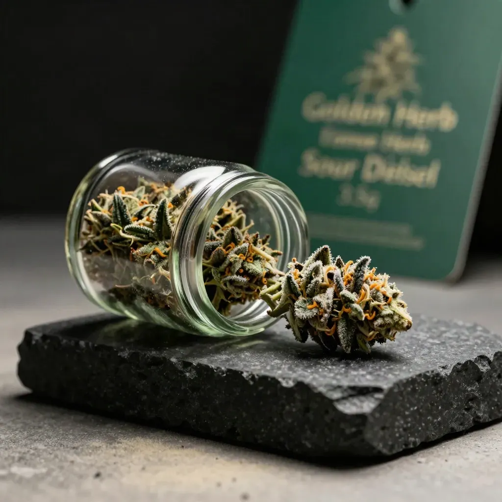 Open jar of Sour Diesel buds on dark stone, one bud rolling to the edge, with emerald haze.