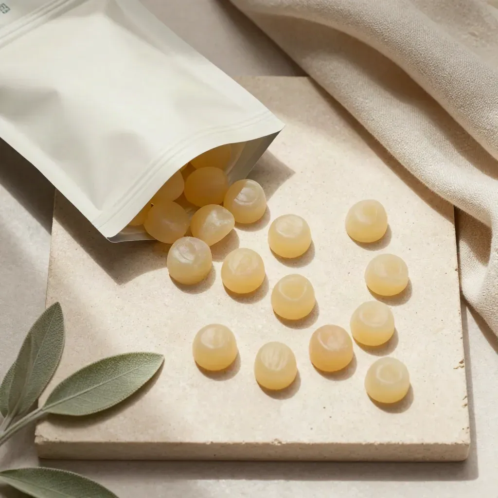 Overhead flatlay of sleep gummies, unbranded pouch, linen folds, and pale herb leaves on cream stone.