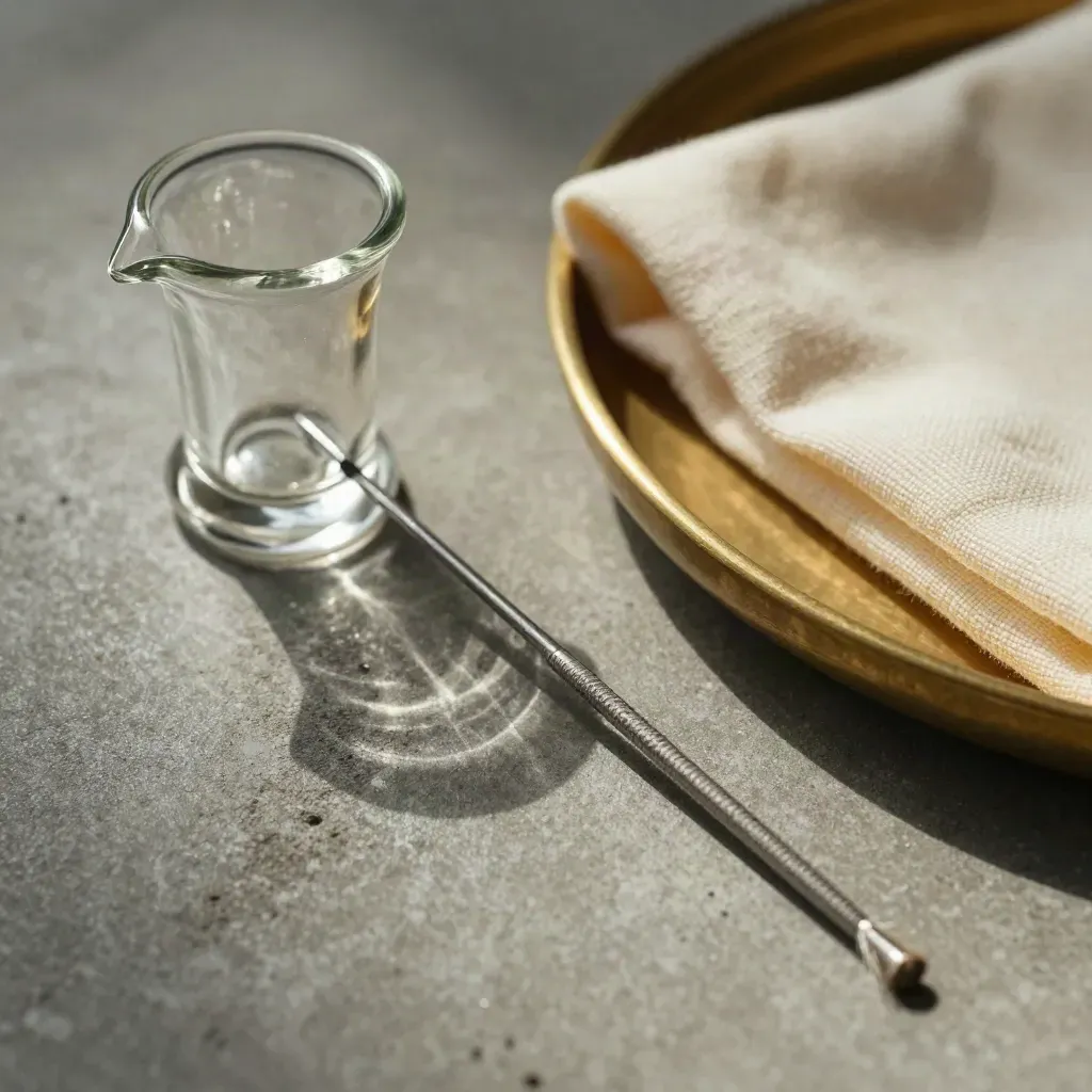 Clear glass pipe set with brush, cream cloth, and brass tray in macro light.